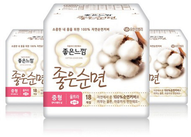 좋은느낌 순면 생리대 울트라 날개형, 중형, 18개입, 3개