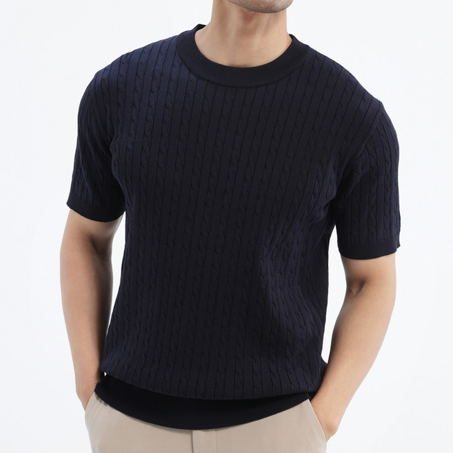 글리멜로 남자 여름 라운드 꽈배기 니트 반팔 티셔츠