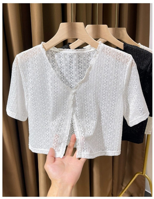 레이스 여름 펀칭 반팔 숏 가디건