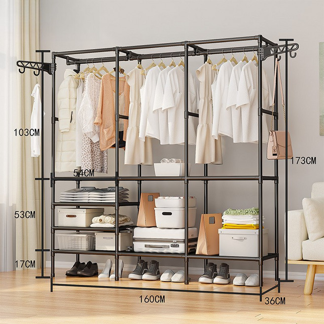 BiimTee옷장 다기능 조합 철제 옷장 조립식 드레스룸 시스템 행거, 블랙