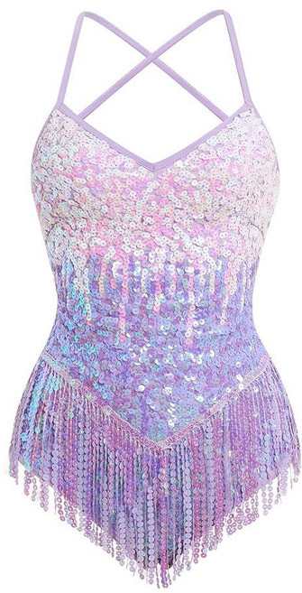 ABEHIK Sparkly Sequin Fringe Romper for Women: Sexy V-Neck Sparkly Tassel Mini Dress Latin Jazz A, Small, Purple