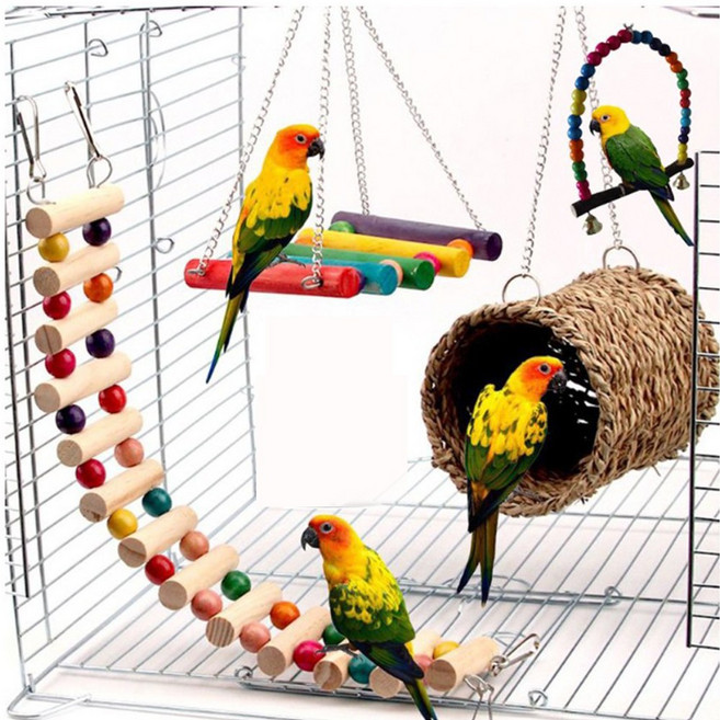 파르고 컬러 출렁다리-그네 따뜻한 둥지 앵무새 햄스터 장난감 4종 세트, 단색, 4개