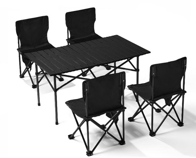 초경량 접이식 알루미늄 캠핑 테이블 의자 5종 세트 야외용 피크닉 캠핑 낚시 바베큐 간편 조립 수납가방 포함, 블랙.
