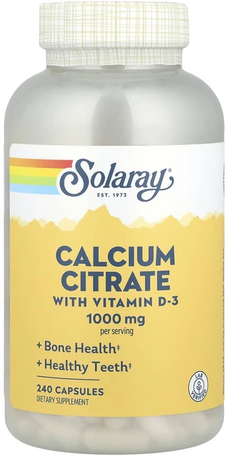 Solaray 비타민D3 함유 구연산 칼슘 1000mg 캡슐 240정(캡슐 1정당 250mg), Solaray비타민D3함유구연산칼슘1000mg캡슐240, 1개, 240정 - 쿠팡