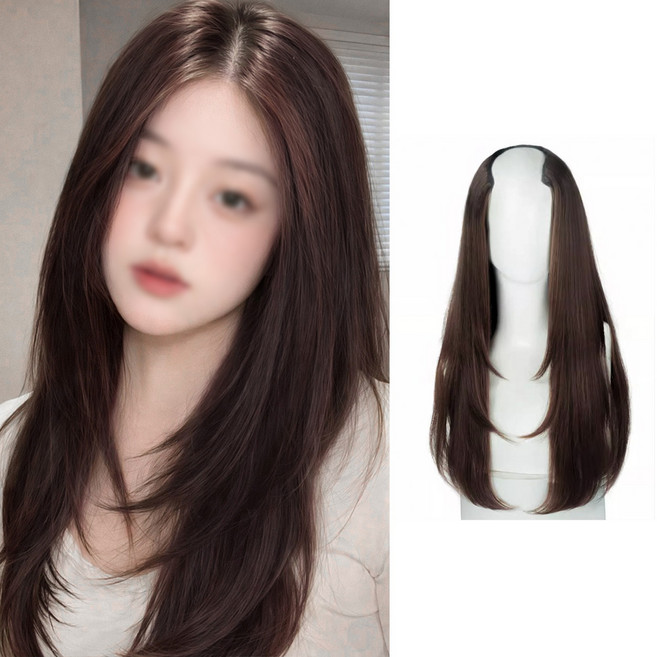 일호장신구 소프트핏 롱 레이어 가발 피스 자연스러운 레이어드컷 긴머리 연출 단발 중단발 커버, 1개, 브라운