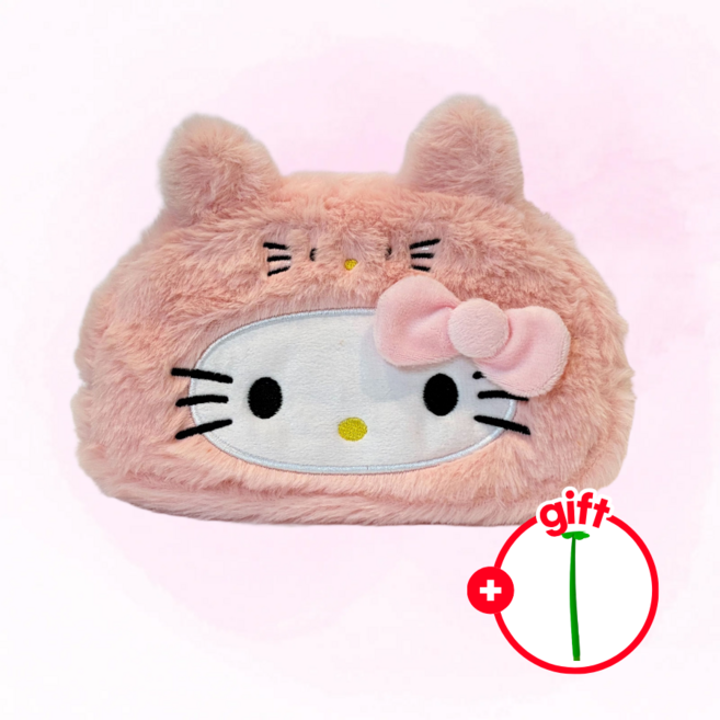 변장 키티 인형 필통 리본 고양이 대용량 화장품 파우치 행운펜 증정 산리오 판다 카피바라 펜케이스 필기구 귀여운 필통 학생 우정템 생일 조카 새학기 선물, 1개, 변장핑크냥