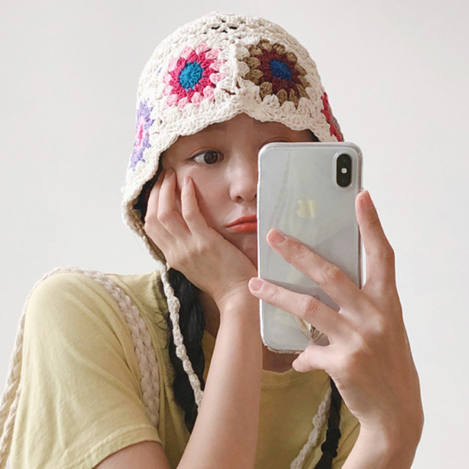 브라자빌 물결 플라워 니트 뜨개 벙거지 버킷햇