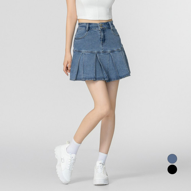 라라콩 투버튼 플리츠 데님 미니 스커트