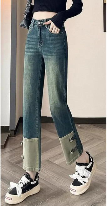 쁘띠꼬모 여성 직통 청바지 와이드 팬츠 9부 바지 배색 데일리룩 편안한 청바지 GX1040308