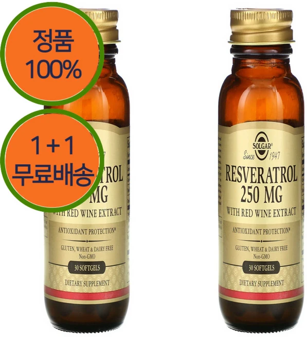 1+1 솔가 레스베라 트롤 적포도주 포도 껍질 뿌리 추출물 250mg 30젤, 1개, 30정 - 쿠팡