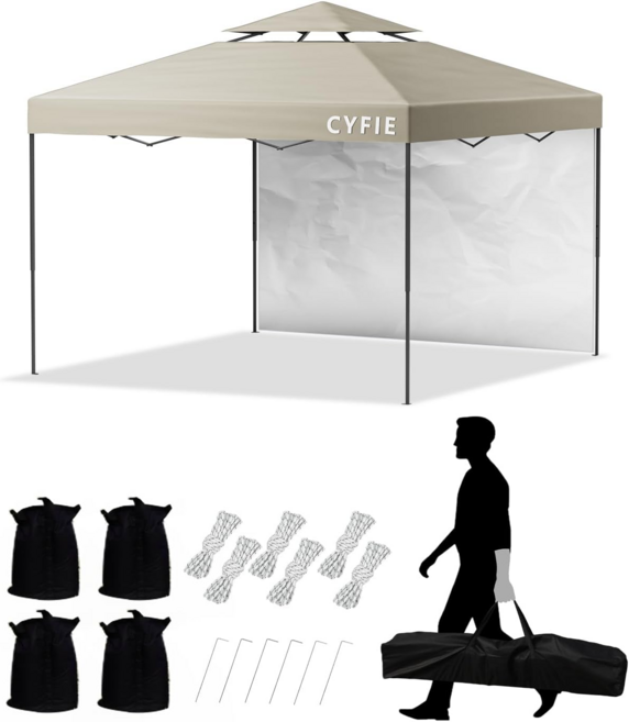 CYFIE 접이식 캐노피 천막텐트 행사용 천막 야외 캠핑 방수 지붕형 몽골텐트 3mx3m 그늘막 +사이드 시트 4-6 인용, 베이지