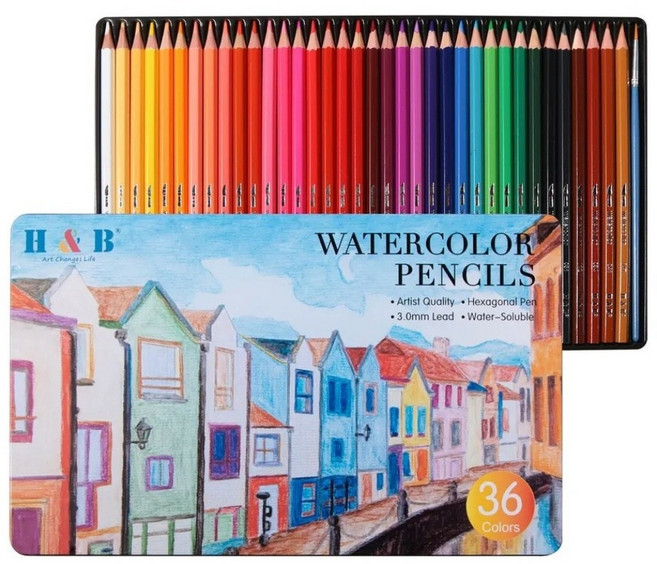 HB문화사 36색 전문가용 색연필 수채화 수성 + 브러쉬 증정 틴케이스 1셋트, 1세트