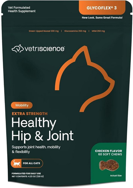 베트리사이언스 고양이용 건강한 엉덩이 및 관절 츄 글리코플렉스 글루코사민 및 녹색 입술 홍합 관절 지지 보충제 이동성 촉진 및 관절 불편감 완화 치킨 60 카운트, 1개