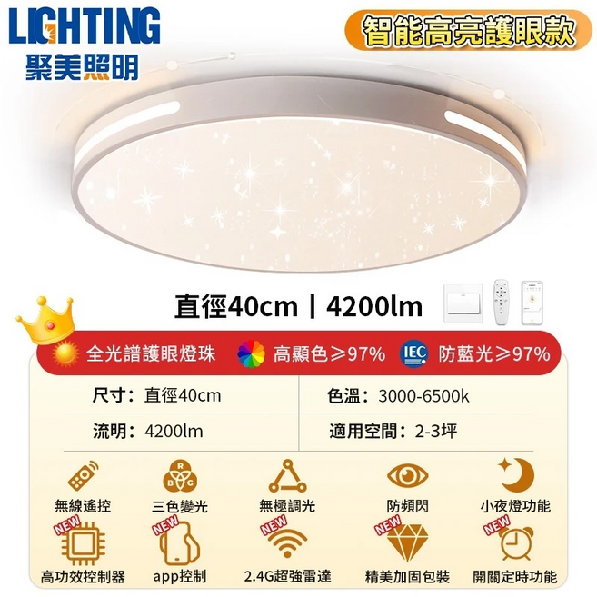 聚美照明 智能高亮護眼款 全光譜燈珠 直徑40cm 4200lm, 白色