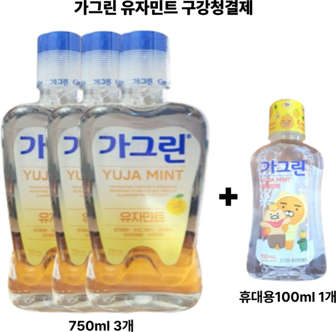 가그린 유자민트 구강청결제 750ml 3개+휴대용 카카오프렌즈 유자민트향 100ml 1개, 3개