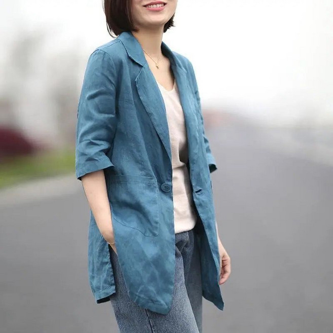 BOONINT 정장자켓 린넨자켓 7부소매 고급감 면마 롱 린넨 자켓 봄 여름 오버핏 루즈핏 캐주얼 재킷 통근 상의 아우터 외의 코트BN042024, 연 블루