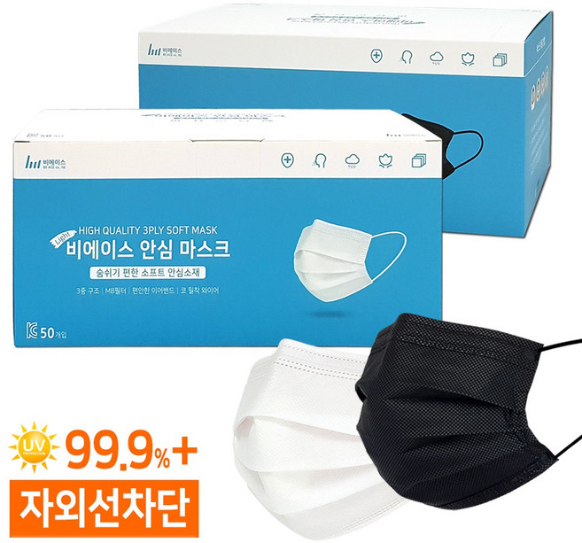 숨쉬기 편한 일회용 덴탈마스크 100매/비에이스 라이트, 100개입, 1세트, 특대형 - 화이트