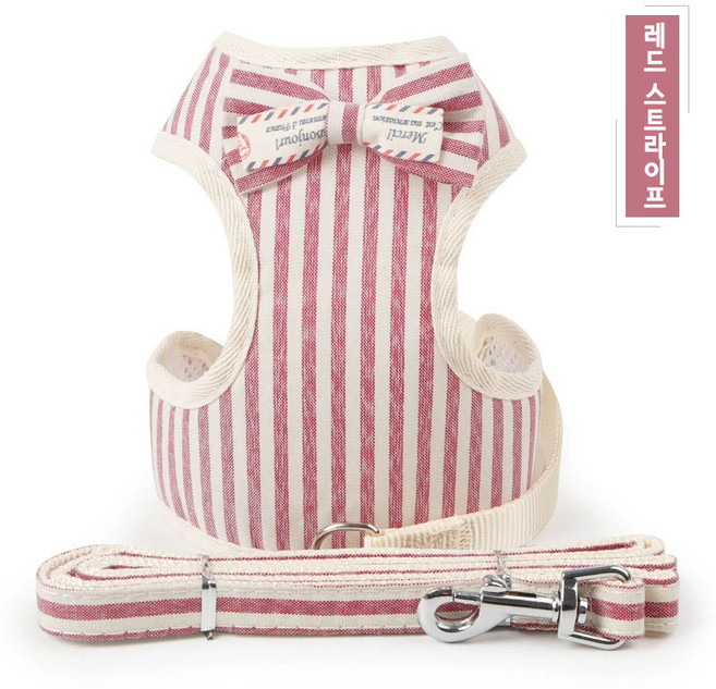 반려동물 체크 스트라이프 하네스 리드줄 세트, 1세트, 레드 스트라이프