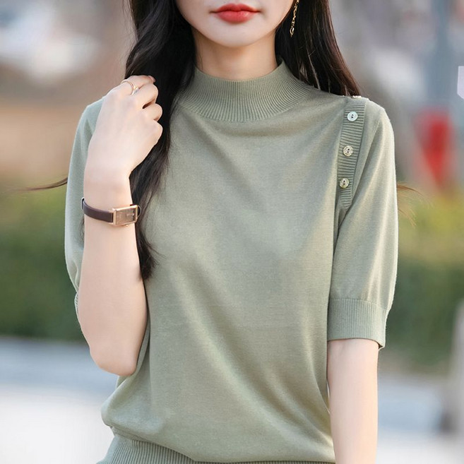 여성 반폴라 니트 반팔티 봄 데일리 여자 빅사이즈 반목 반팔티 루즈핏 코디 이너 상의 LT