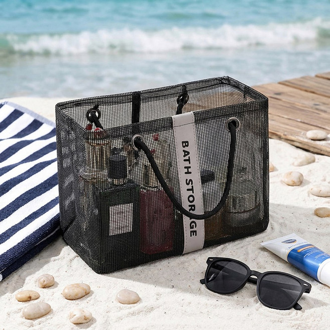 메쉬 수영 목욕탕 사우나 가방 목욕 샤워 다용도 바구니 물빠짐 그물 세면 비치 백, 블랙