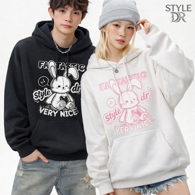 스타일닥터 남녀공용 귀여운 토끼 프린트 빅사이즈 오버핏 후드티