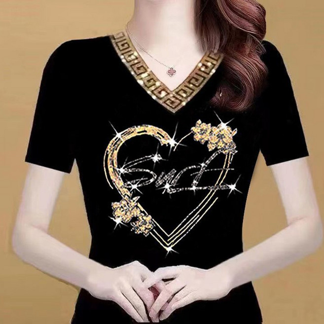 로르카 여성 큐빅 프린트 브이넥 루즈핏 빅사이즈 캐주얼 데일리 중년 여성 반팔 티셔츠 V01031447