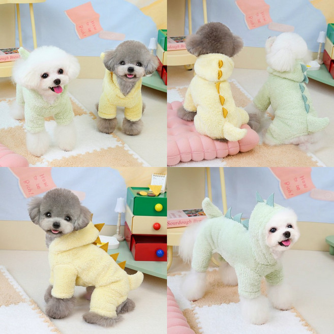 마일로앤코코 공룡 강아지 후리스 올인원 애견 후드 플리스 겨울옷 실내복 기모 하네스 점퍼 아우터 가을옷 외출복 산책옷, 1개, 옐로우