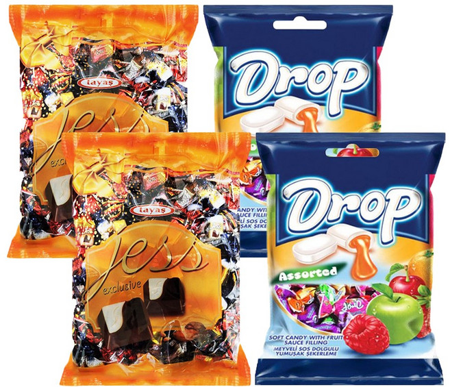 타야스 제스 초콜릿 봉지1000g 2개+드롭 어소티드 소프트 츄잉캔디 6가지맛 봉지1000g 2개 (총4개) 대용량디저트간식, 4개, 1kg