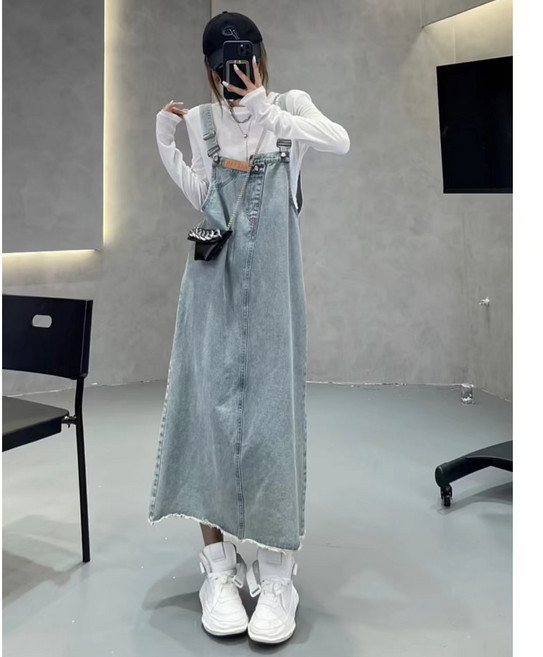 Chephie 여름 데님 원피스 루즈핏 멜빵원피스