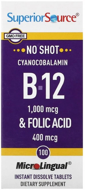 슈페리어 소스 Superior Source 시아노코발라민 B-12 & 엽산 용해되는 MicroLingual 100정122708원산지:기타, 1개, 100정 - 쿠팡