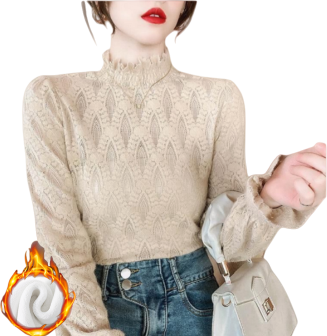 Makone 여성 가을 겨울 반폴라 플레어 소매 기모 레이스 티셔츠