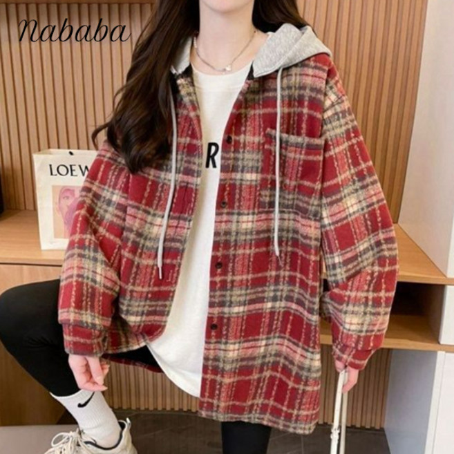 나바바 NB2974 여성 레트로 캐주얼 체크 긴팔 후드 셔츠