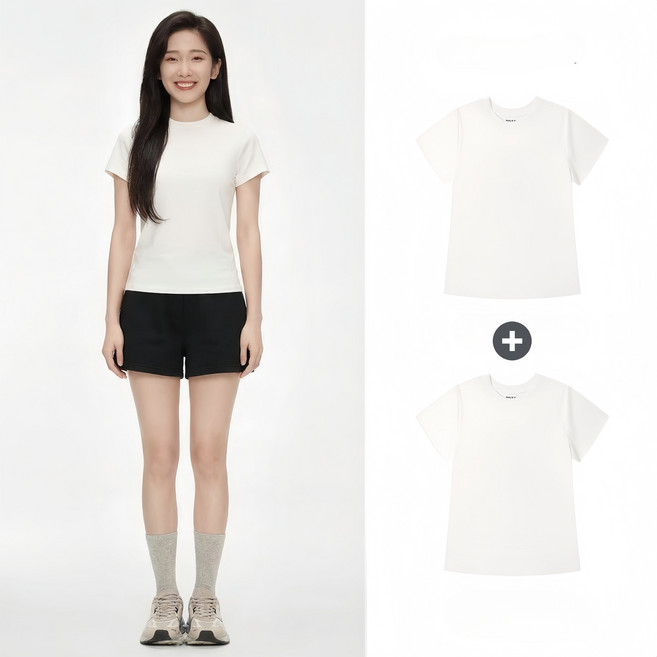 1+1 여성용 데일리 라운드넥 크롭 반팔 티셔츠 2P 베이잉