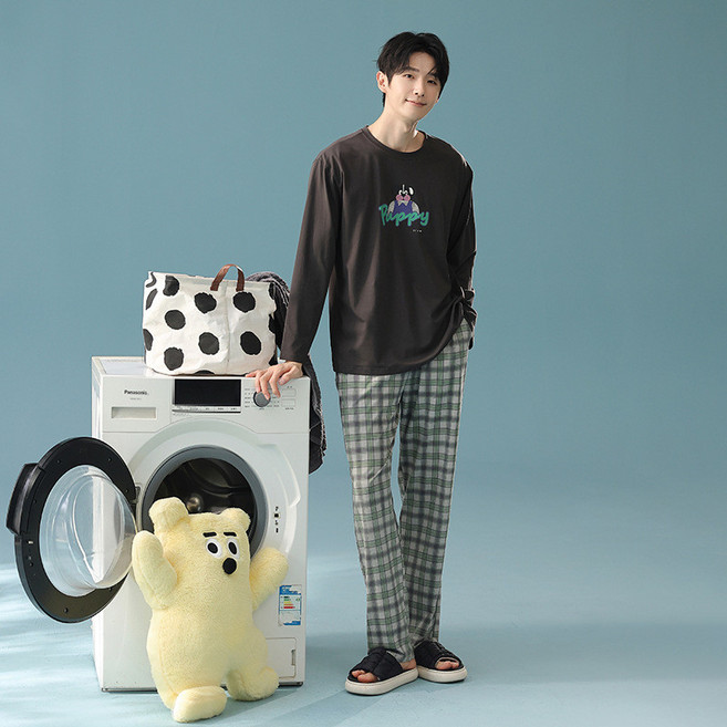 圓領秋季純棉長袖條紋長褲男睡衣家居服