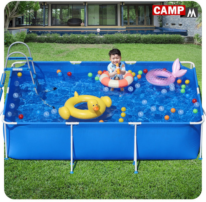 캠프엠 300X200X65 어린이 튜브 물놀이 특대형 풀장 유아 사각 대형 간이 수영장 가족용 이동식 기둥 프레임 가정용 아기 옥상 야외 마당 블루색MD-3365&25 KC인증제품, 캠프엠 풀장-BLUE / 특대형 사이즈, 1개