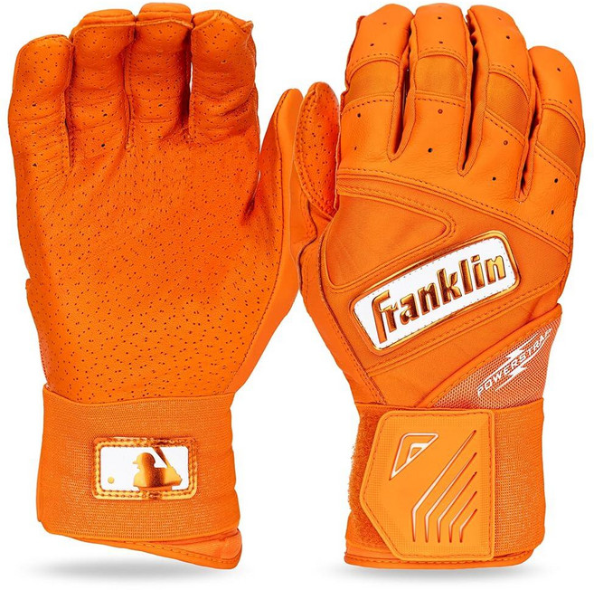 Franklin Sports MLB 배팅 장갑 - 인피니트 파워스트랩 야구 + 소프트볼 배팅 장갑 - 내구성 있는 풀 랩 케이지 연습 장비 - 롱 커프 손목 + 튼튼한 가죽 -, 오렌지 하이라이트