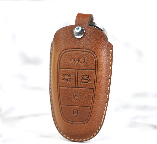 테찌 스타리아 스마트키 호환 가죽케이스 키홀더 키링 차키 커버 현대자동차, HUN07(5버튼), 브라운