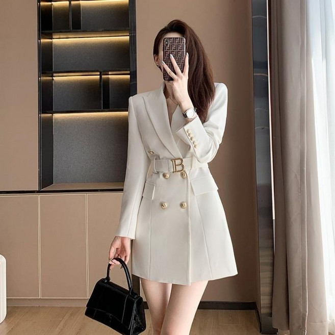 COSYEVNO 여성 봄 더블 긴팔 정장 원피스 자켓 벨트원피스
