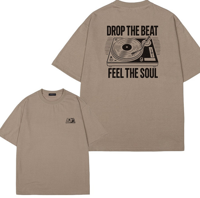 국내생산 유니우 레코드 전사 프린팅 오버핏 남성 라운드 반팔 티셔츠