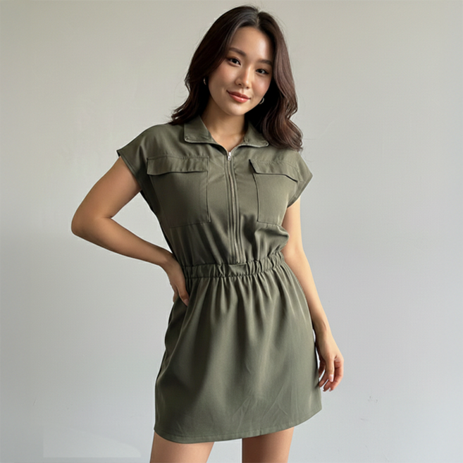 데일로엔 여성 밀리터리 아노락 지퍼 집업 카라 반팔 미니 원피스