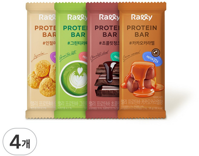 랠리 프로틴바 (초코 카라멜 그린티 인절미), 58g, 4개