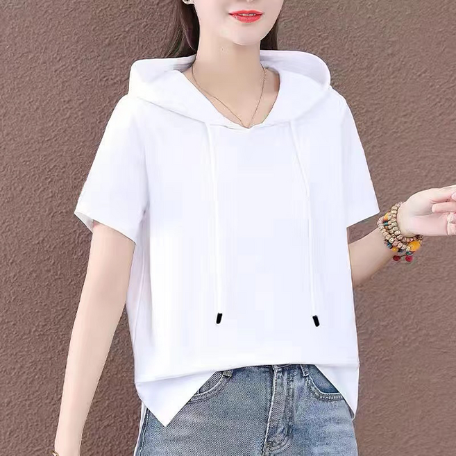 100% 순면 수수한 간단한 루즈핏 얇은 후드티 여성 여름 스트링 시원한 데일리 심플 반팔 맨투맨 상의