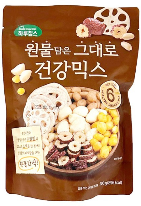 [하루견과] 원물담은 그대로 건강믹스 200gX1봉 /대추슬라이스칩/튀김땅콩/꿀땅콩/은행칩/통마늘칩 (소비기한 26/10/09), 1개, 200g