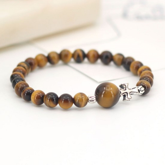 에르모사제이 젬스톤 SG025-브라운 호안석 6mm+실버 925 십자가 패션 불교 소원 부적 염주 순은 실버 볼팔찌 여자 남자 은팔찌 커플 은볼 비즈 천연 원석 팔찌