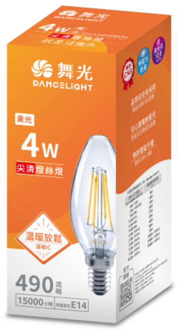 舞光 4W 仿鎢絲尖清燈泡 E14 LED 暖烘光, 1個