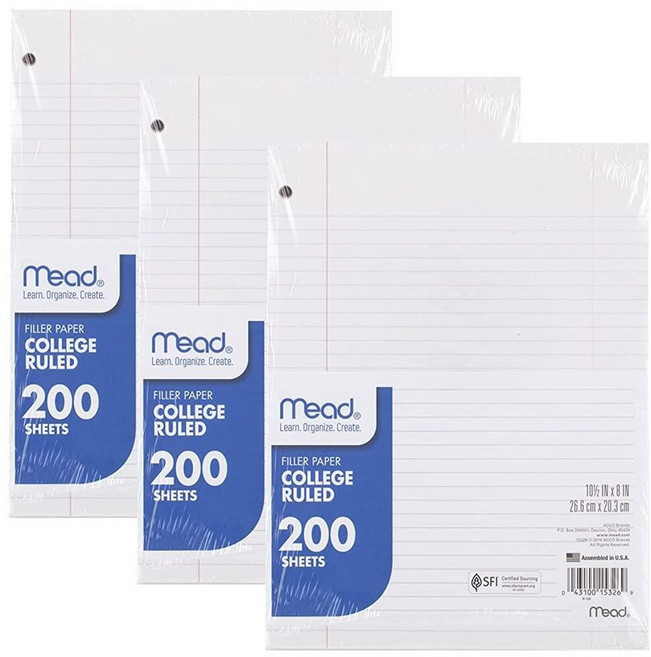 Mead 루스 리프 종이 대학 유선 용지 200매 26.7 x 20.3cm(10-1/2 8인치) 3 링 바인더용 3홀 펀치 글쓰기 및 사무실 대학에 적합 K-12 또, Mead 루스 리프 종이, 대학 유선 용지, 200매,