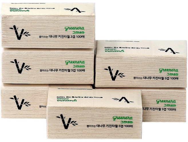 그리네라 먼지없는 무표백 뽑아쓰는 3겹 대나무키친타올, 6개, 100매