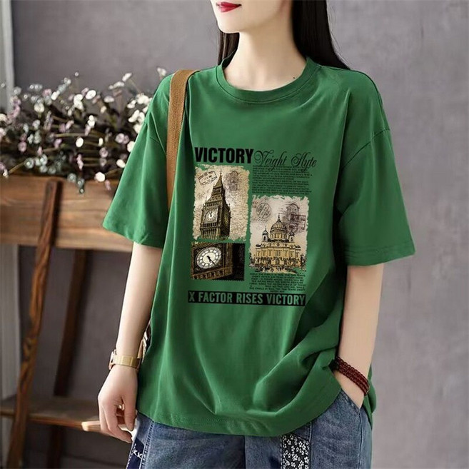 TKX 여성 베이직 빅사이즈 면 오버핏 반팔티 단체복 프린트 기본핏 캐주얼 완전 편한 여름 라운드넥 반팔 티셔츠