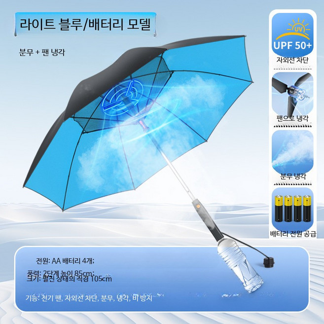 선풍기우산 접이식 팬브렐라 휴대용 자외선차단 야외, 라이트 블루 직선형 건전지 필요, 1개, 2000ml