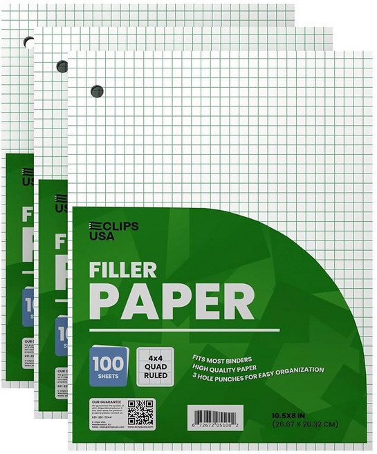 Graph Paper Loose Leaf (24 Pack) - 4 x An Inch Quad Ruled 10.5" 8" Graphing Sheets 100 Per Pack, 3 Pack